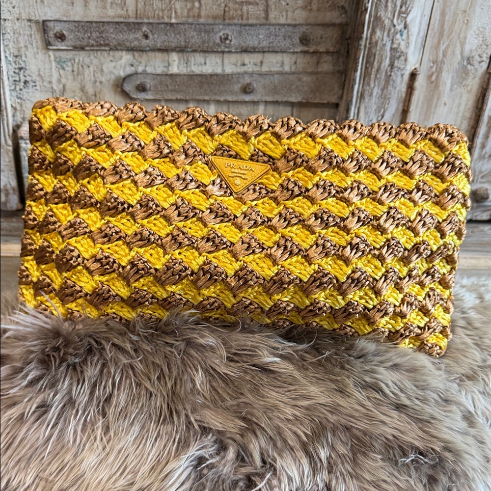 Prada Raffia Yellow and Brown crotchet Clutch